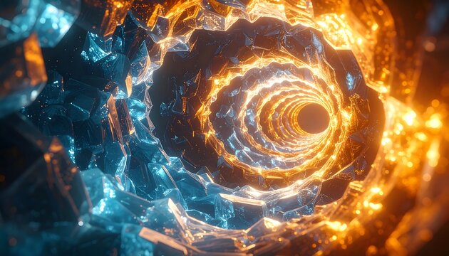 Abstract crystalline tunnel glows; blue shards contrast with fiery orange, converging towards bright, central aperture