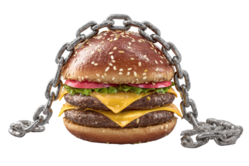Delicious chained burger symbolyzing restriction from diet and unhealthy fast food