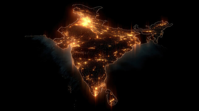 Digital map of India at night showcasing the country's illuminated areas. - Powered by Adobe
