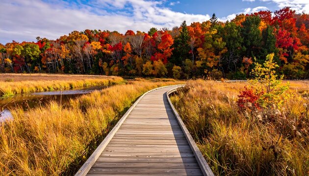 Boardwalk winds through autumn foliage, vibrant trees, and golden marsh under a blue sky with scattered clouds