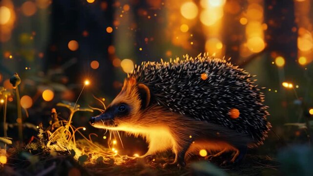 A hedgehog surrounded by magical glowing orbs in a forest setting at night.