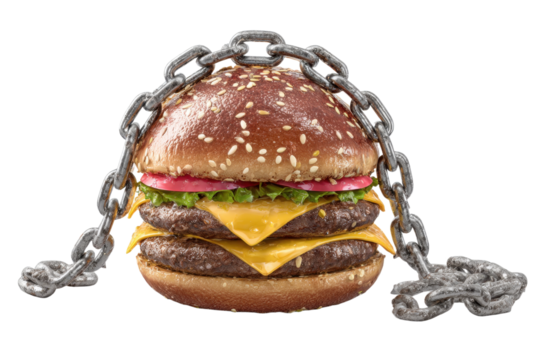 Delicious chained burger symbolyzing restriction from diet and unhealthy fast food
