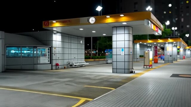 Quiet bus terminal at night with bright lights illuminating empty platforms in the city