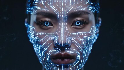 Modern woman's face illuminated by a futuristic biometric scan, showing glowing digital data points representing advanced facial recognition technology and ai integration - Powered by Adobe