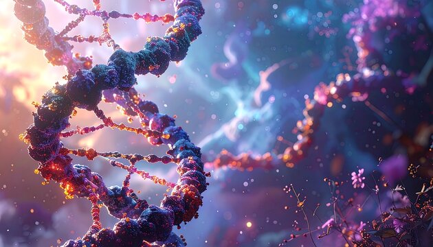 Abstract DNA double helix with vibrant colors and a dreamy, ethereal background, evoking a sense of wonder