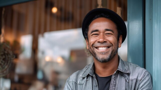 Smiling black man standing confidently outside a cafe