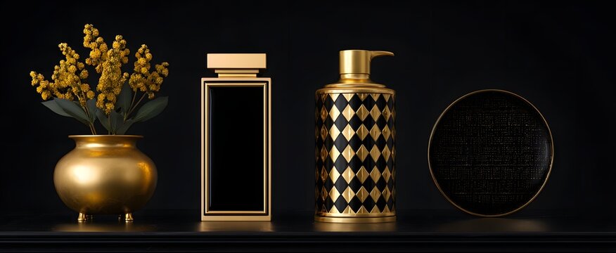 Luxury items displayed with classy gold and black details in a chic setting