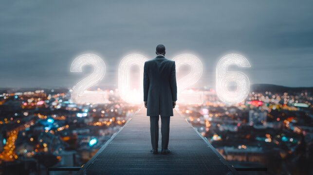 Businessman contemplating 2026 future and city vision