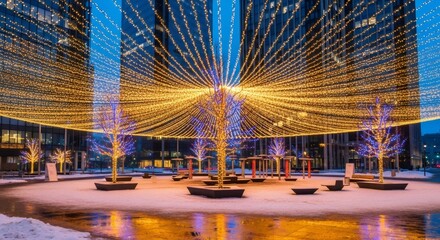 City square decorated with festive golden and blue lights during winter. Urban outdoor Christmas celebration and holiday season display.
