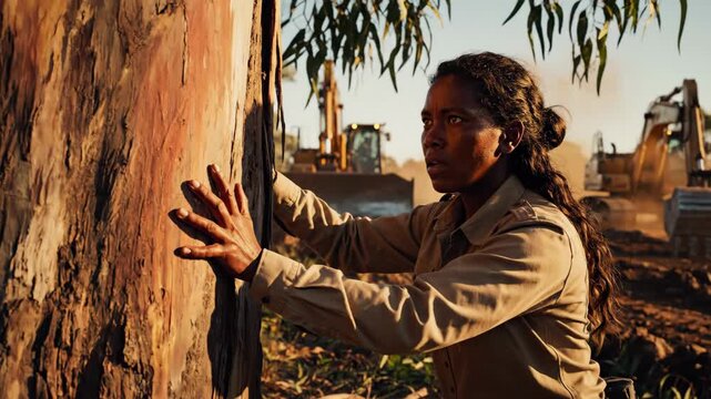 Woman standing firmly. Hands on a tree trunk. Protecting the eucalyptus tree from bulldozers clearing land in the background. Symbolizing environmental conservation and fighting against deforestation - Powered by Adobe