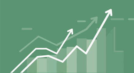 Green business finance chart showing growth and stock market success with an arrow pointing up, illustrating investment progress