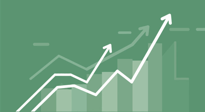 Green business finance chart showing growth and stock market success with an arrow pointing up, illustrating investment progress