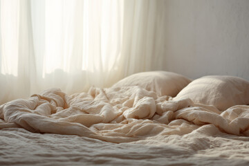beautifully made bed after restful sleep with crumpled sheets bathed in soft light