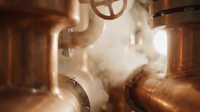 Steaming copper stills in distillery producing spirits with atmospheric vapor and warm golden light