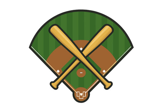 Overhead view of a baseball diamond with green grass outfield and two crossed wooden bats