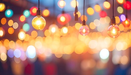 Bokeh of vibrant warm lights above, featuring illuminated vintage-style bulbs against a blurred background