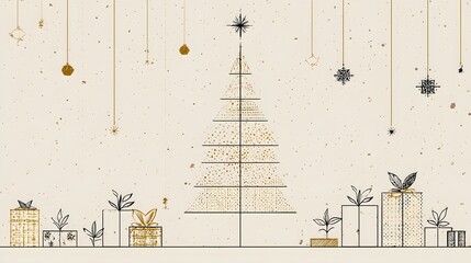 Elegant Minimalist Line Art Depiction of Modern Christmas with a Sleek Tree Outline, Abstract Gift Forms, Delicate Holly Accents, and Stylized Star Patterns in Contemporary Flat Style