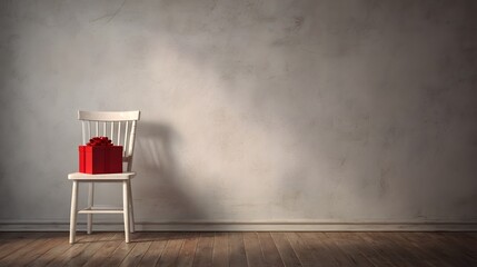 Elegant Minimal Christmas Vignette Featuring a Pristine White Chair and Bold Red Gift Box with a Softly Illuminated Wall Evoking Tranquil Holiday Spirit