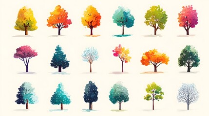 Vibrant Seasonal Tree Icon Set with Detailed Vector Illustration Capturing Spring, Summer, Autumn and Winter Variations for Modern Graphic Projects