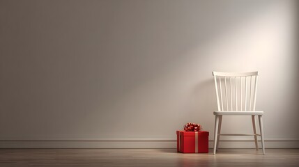 Elegant Minimal Christmas Vignette Featuring a Pristine White Chair and Bold Red Gift Box with a Softly Illuminated Wall Evoking Tranquil Holiday Spirit