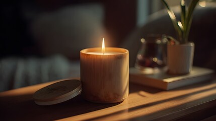 Inviting Lit Candle Radiating Warm Hygge Vibes for Mindful Self-Care Moments in a Tranquil Home Spa