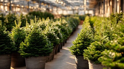 Meticulously Arranged Photorealistic Potted Evergreen Trees in Uniform Rows Showcasing Rich Foliage Textures in a Modern Nursery Display