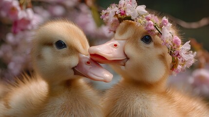Tender Golden Ducklings Sharing a Playful Kiss in a Whimsical Farmyard with a Delicate Pink Blossom Wreath