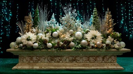 Intricate Christmas Centerpiece with Twinkling Lights, Frosty Embellishments, and Decorative Arrangements on Elevated Podium with Lush Green Backdrop
