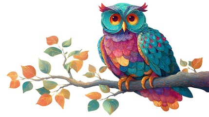 Vibrant vector illustration of a whimsical owl resting gracefully on a sturdy tree branch with a pristine white background