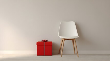 Minimalistic Christmas Interior Showcasing a Modern White Chair and Vibrant Red Gift Box against a Soft Light Wall Emphasizing Calm Festivity and Elegant Design
