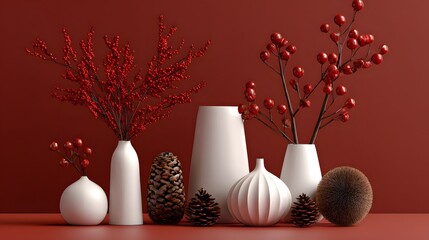 Elegant Minimalist Christmas Setup: Simplistic White Vases, Vibrant Red Berries, Organic Pinecones, and Refined Ornaments Arranged on a Rich Red Scene to Exude Festive Luxury
