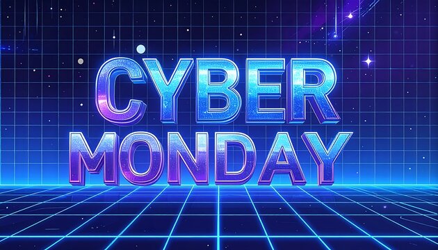 Bold "Cyber Monday" text in vibrant blues/purples, 3D effect, against a glowing grid backdrop with starry accents