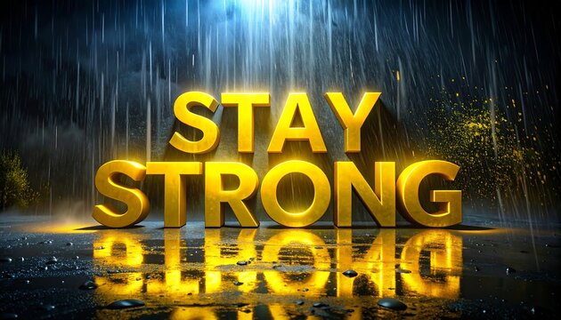 Bold golden "STAY STRONG" text gleams against a dark, wet, blurred background with shining light and falling rain