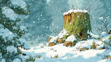 Whimsical winter cartoon scene featuring a snowcovered oak stump amid gentle snowfall and a charming evergreen forest exuding merry holiday vibes