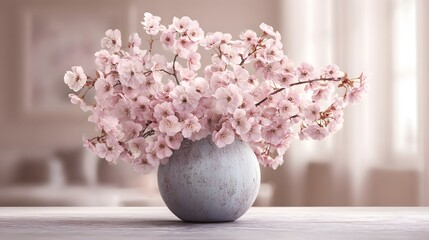 Elegant pink cherry blossom floral arrangement in a round vase enhancing a serene modern interior design