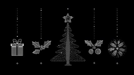 Elegant Minimalist Line Art Depiction of Modern Christmas with a Sleek Tree Outline, Abstract Gift Forms, Delicate Holly Accents, and Stylized Star Patterns in Contemporary Flat Style