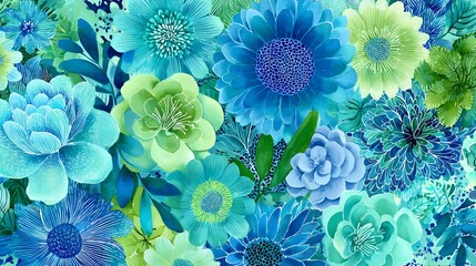 Intricate Blue and Green Watercolor Floral Illustration for Creative Backgrounds and Textiles