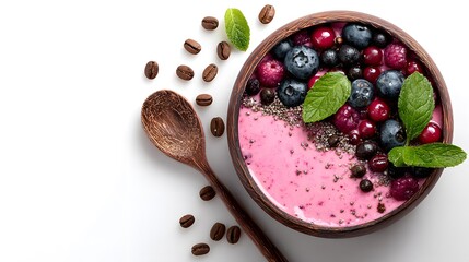 High Angle Vibrant Capture of a Pink Smoothie Bowl Richly Embellished with Juicy Berries and Delicate Mint Accompanied by Coffee Beans and a Rustic Wooden Spoon