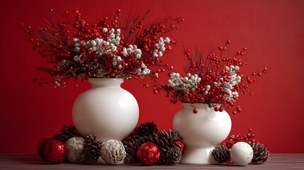 Contemporary Holiday Decor Arrangement: Pristine White Urns, Vivid Red Berries, Natural Pinecones, and Delicate Ornaments Set Against a Striking Crimson Backdrop for Timeless Sophistication