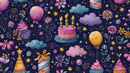 Vibrant Festive Birthday Celebration Crayon Pattern Featuring Hand Drawn Doodles, Clouds, Stars, and Delicate Floral Details for Party Designs