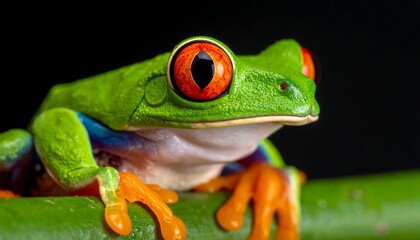 Obraz premium Bright green frog with red eyes sits on a green branch against a dark background, a close-up macro shot