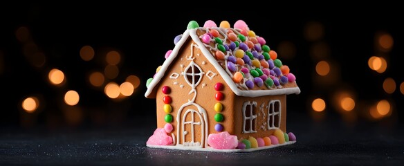 Obraz premium The gingerbread house topped with bright sweets and sweet frosting designs