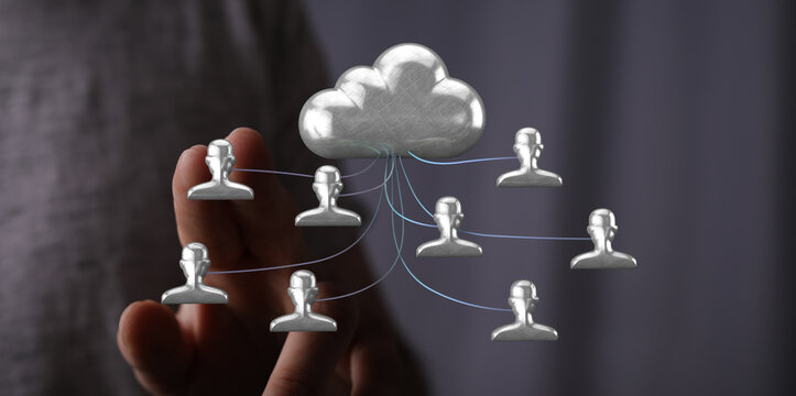 Hand holding cloud connected to multiple user icons, symbolizing cloud network and global data storage concepts