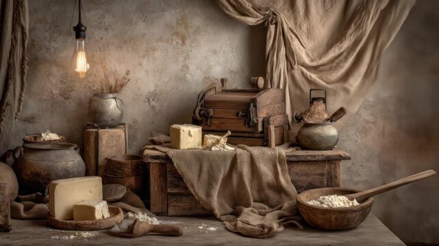 Rustic still life featuring cheese, wood objects, and hanging light in a warm-toned setting