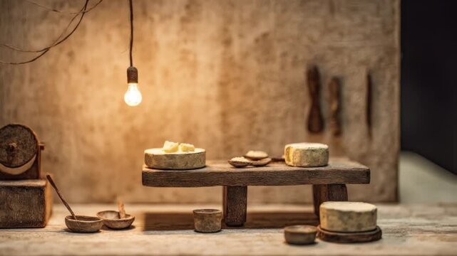 A rustic still life composition, featuring cheese, wooden utensils, and an exposed lightbulb