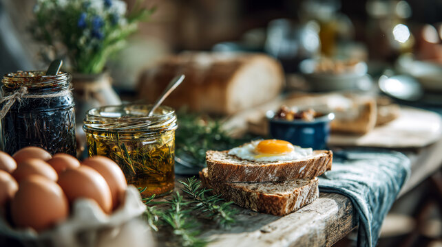 An inviting arrangement of bread, eggs, and preserves create a beautiful table setting for a delightful breakfast or brunch scene.