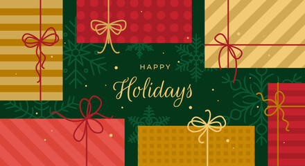 Merry Christmas or Happy New Year. Modern Holiday greeting card. with gifts, present boxes, snowflakes, bows and ribbons. Xmas design for greeting card, poster, banner, cover. Vector template