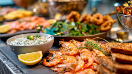 Obraz premium An elegant assortment of foods on display. From shrimp, creamed spinach, salmon, salad, and toasted bread, perfect for special occasions.