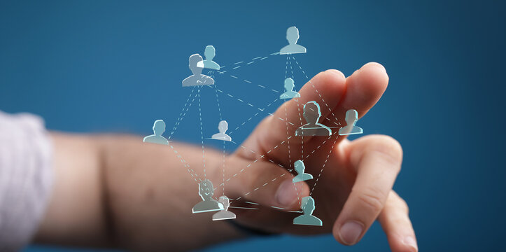 Abstract image showing hand interacting with a network of digital people icons, representing communication and connectivity. Ideal for technolog - Powered by Adobe