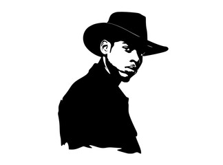 a black and white silhouette of a man wearing a hatblack, cowboy hat, dress hat, fedora, hat, man, plug hat, profile, sun hat, wear 
